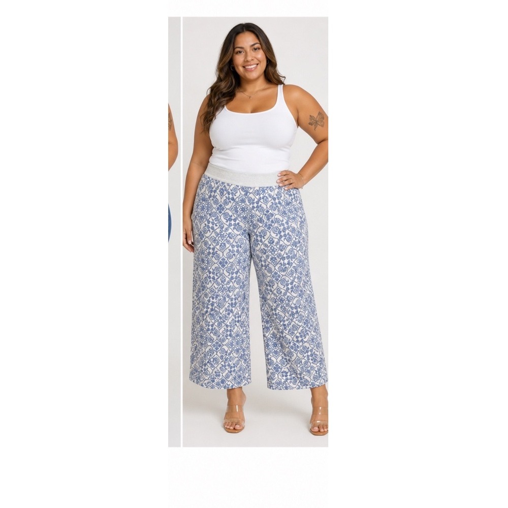 Soft Surroundings Pants Womens PXL Blue White Damask Print 100% Linen Wide‎ Leg